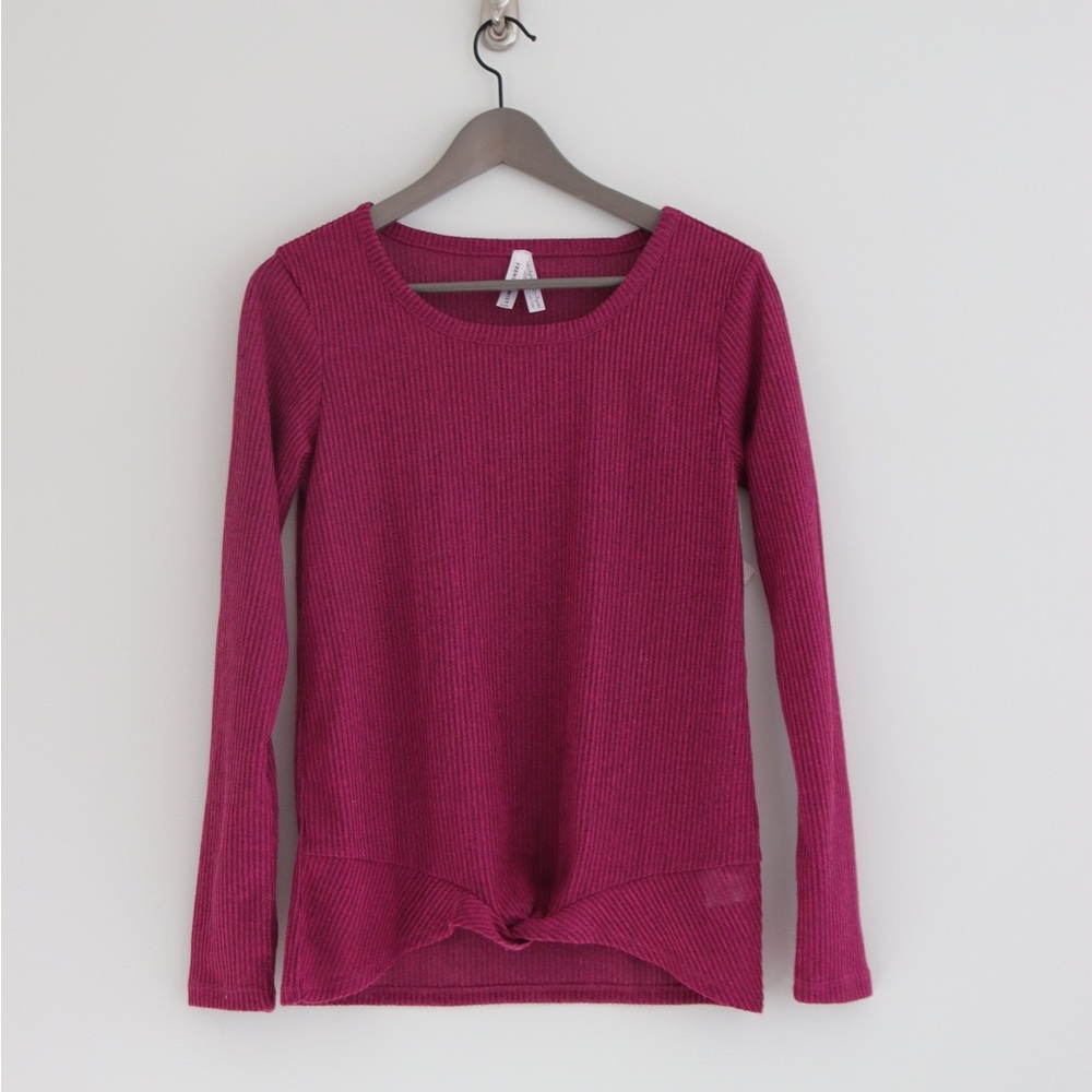 Fuchsia Ribbed long Sleeve Knit Top with Twist Front
